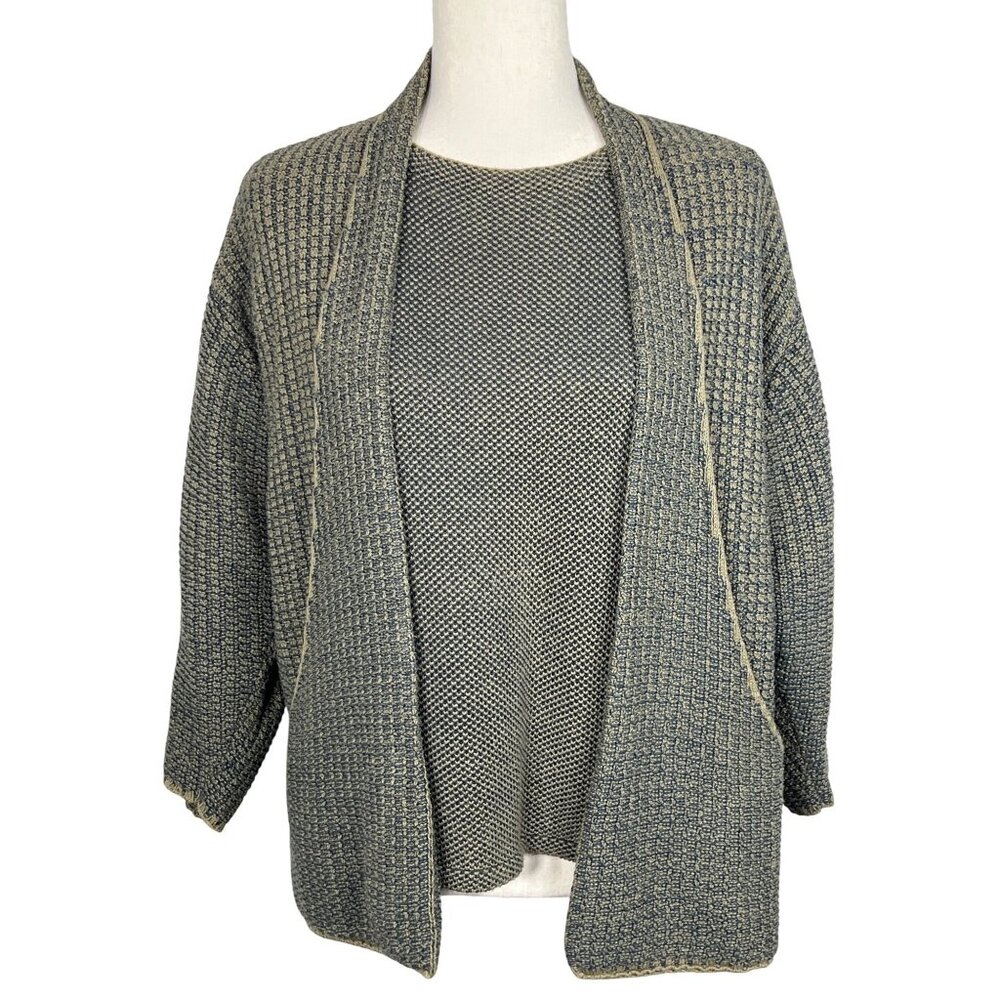 CHRIS TRIOLA Textured Cardigan and Shell Set Navy & Tan Sz L EUC
